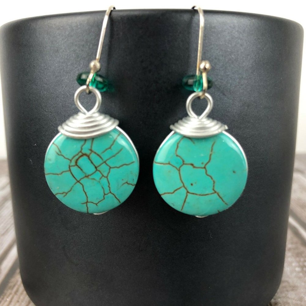 Turquoise Tone Round Dangle Earrings Silver